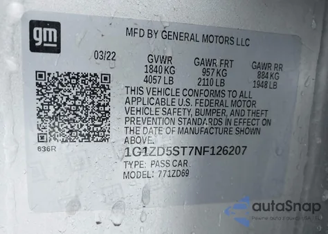 2022 Chevrolet Malibu Fwd Lt из США, поврежденный, VIN 1G1ZD5ST7NF126207